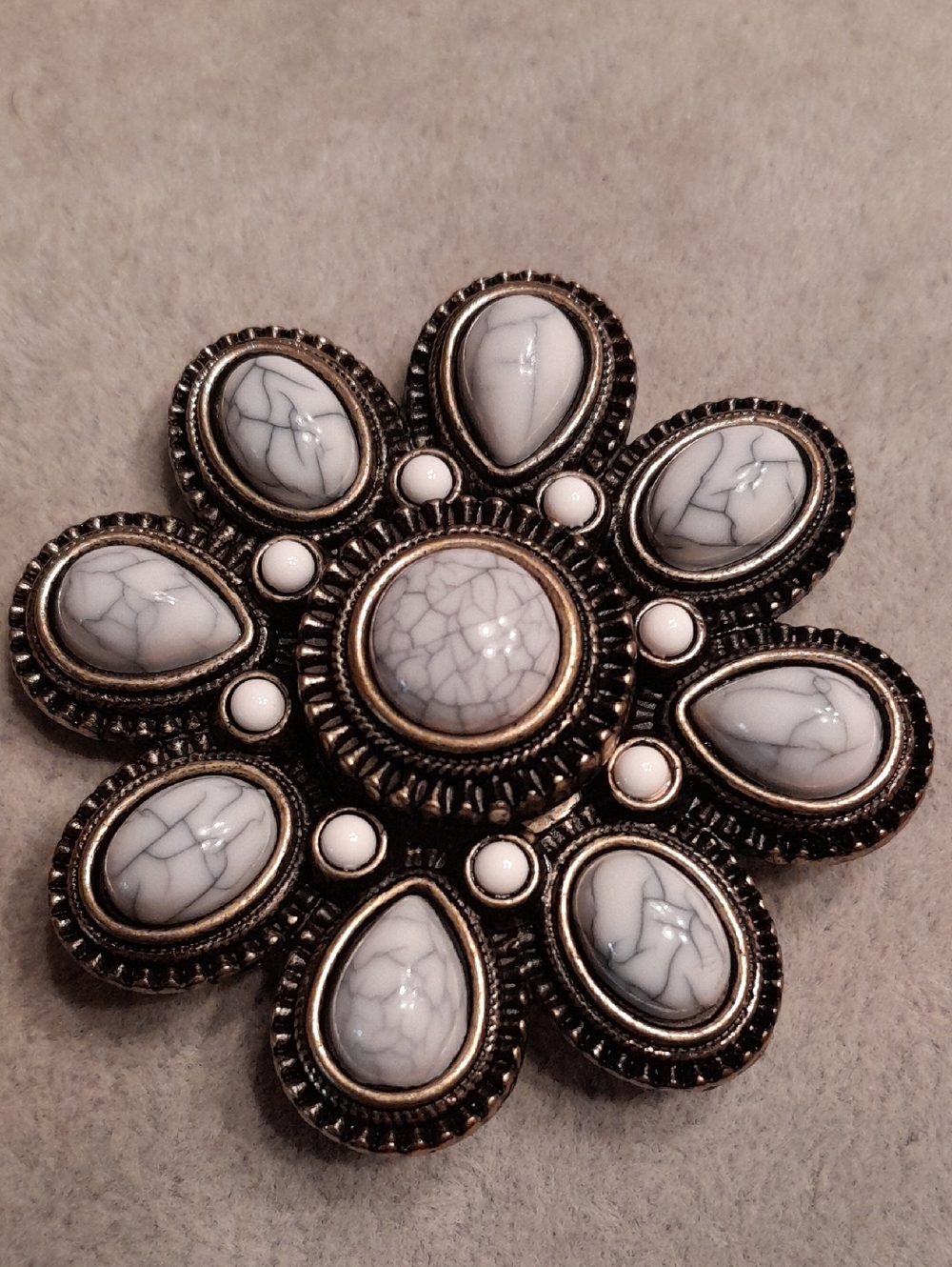 Premier Designs Vintage White Marbled Floral Statement Brooch - 3 Inches